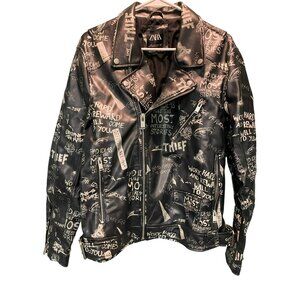 Rare ZARA Womens XL Black Faux Leather Graphic Graffiti Biker Jacket with Zipper